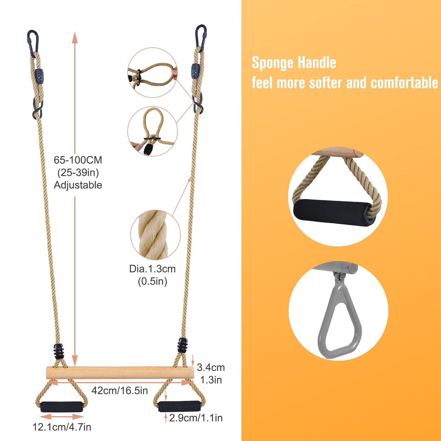 YAERSI Wooden Trapeze Swing Bar with Gym Rings – Indoor & Outdoor Play