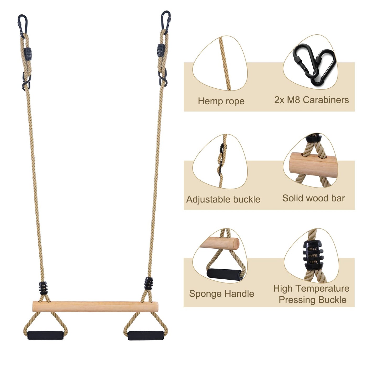 YAERSI Wooden Trapeze Swing Bar with Gym Rings – Indoor & Outdoor Play
