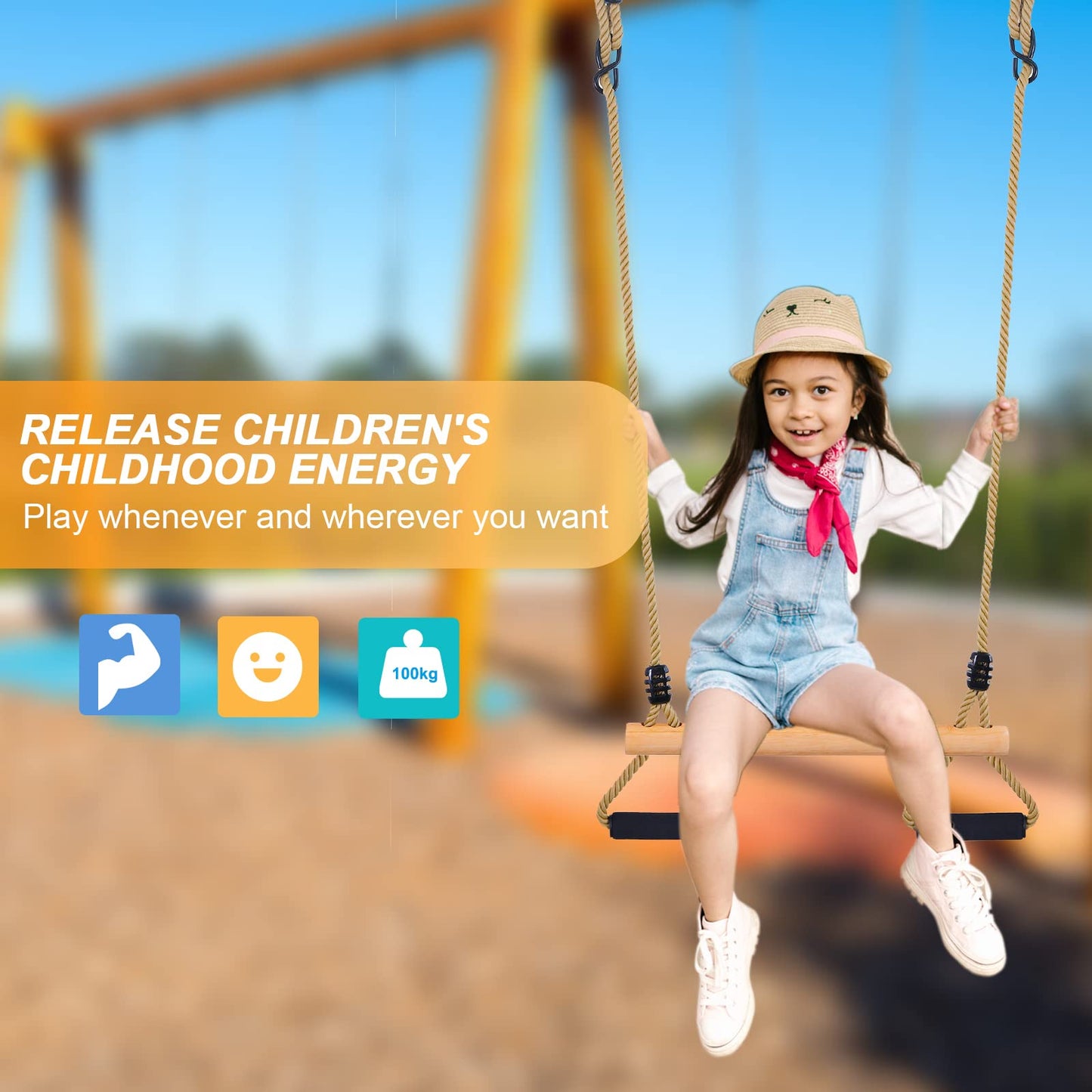 YAERSI Wooden Trapeze Swing Bar with Gym Rings – Indoor & Outdoor Play