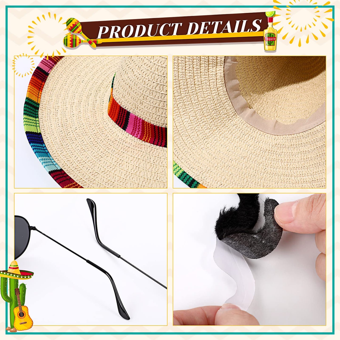 Yahenda Mexican Costume Set 5 Pcs – Poncho, Sombrero, Sunglasses & Mustache (Small)