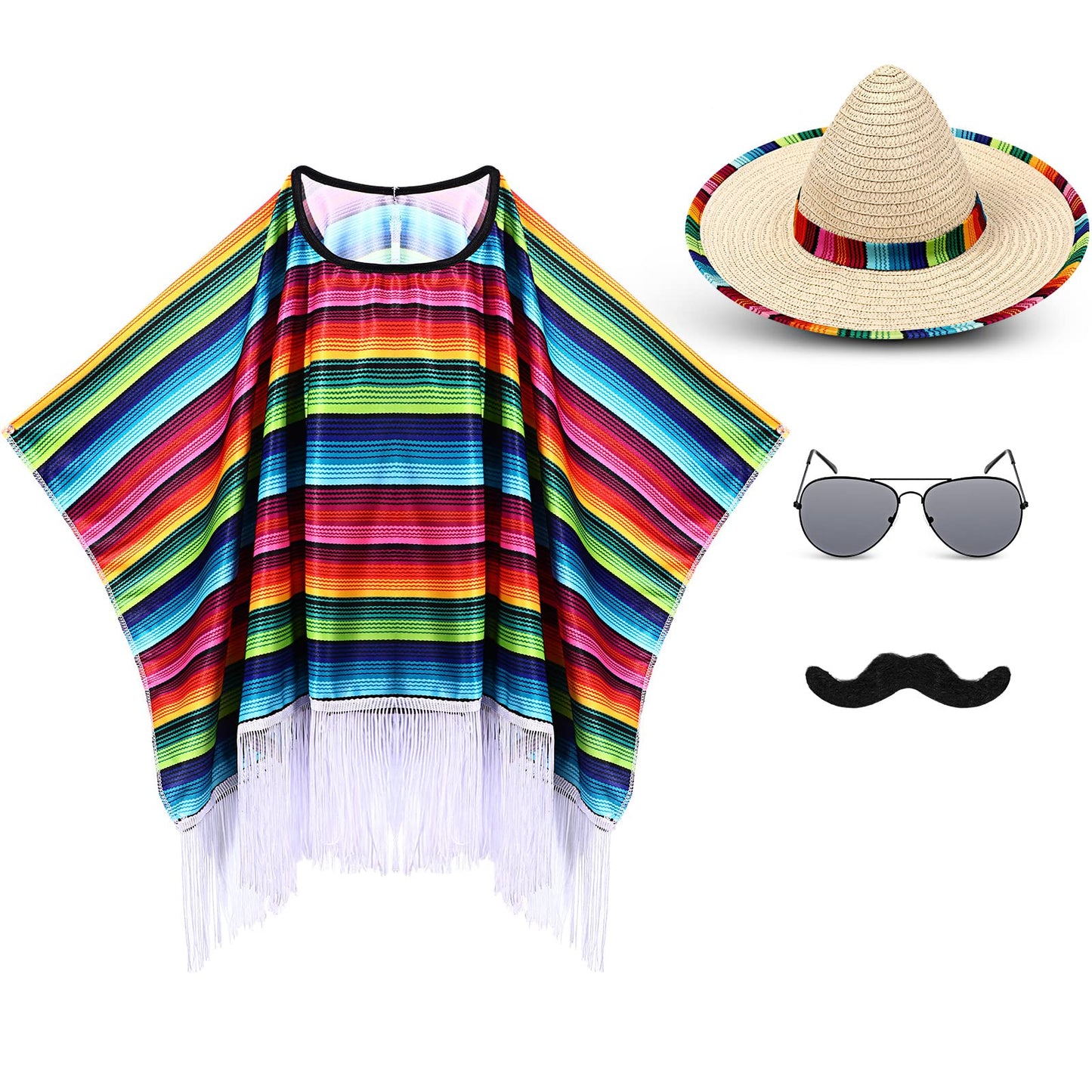 Yahenda Mexican Costume Set 5 Pcs – Poncho, Sombrero, Sunglasses & Mustache (Small)