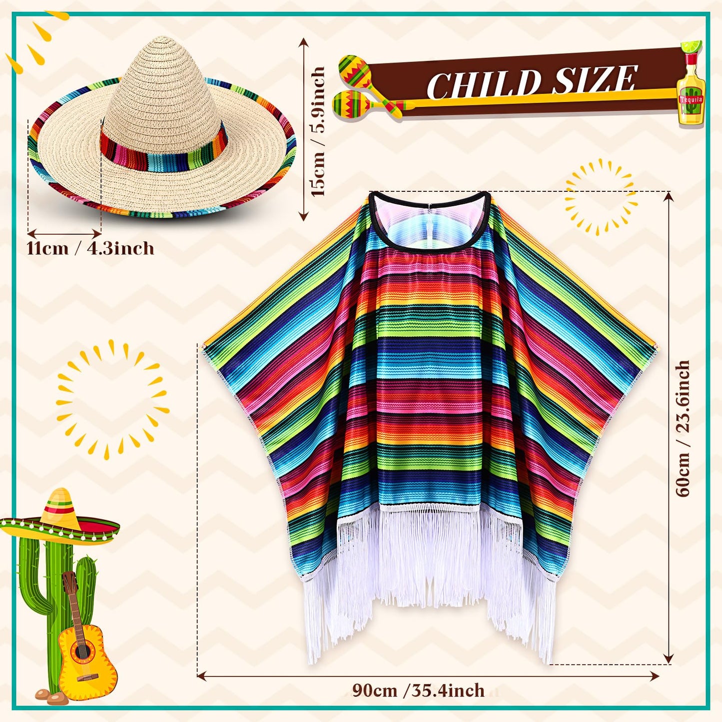 Yahenda Mexican Costume Set 5 Pcs – Poncho, Sombrero, Sunglasses & Mustache (Small)