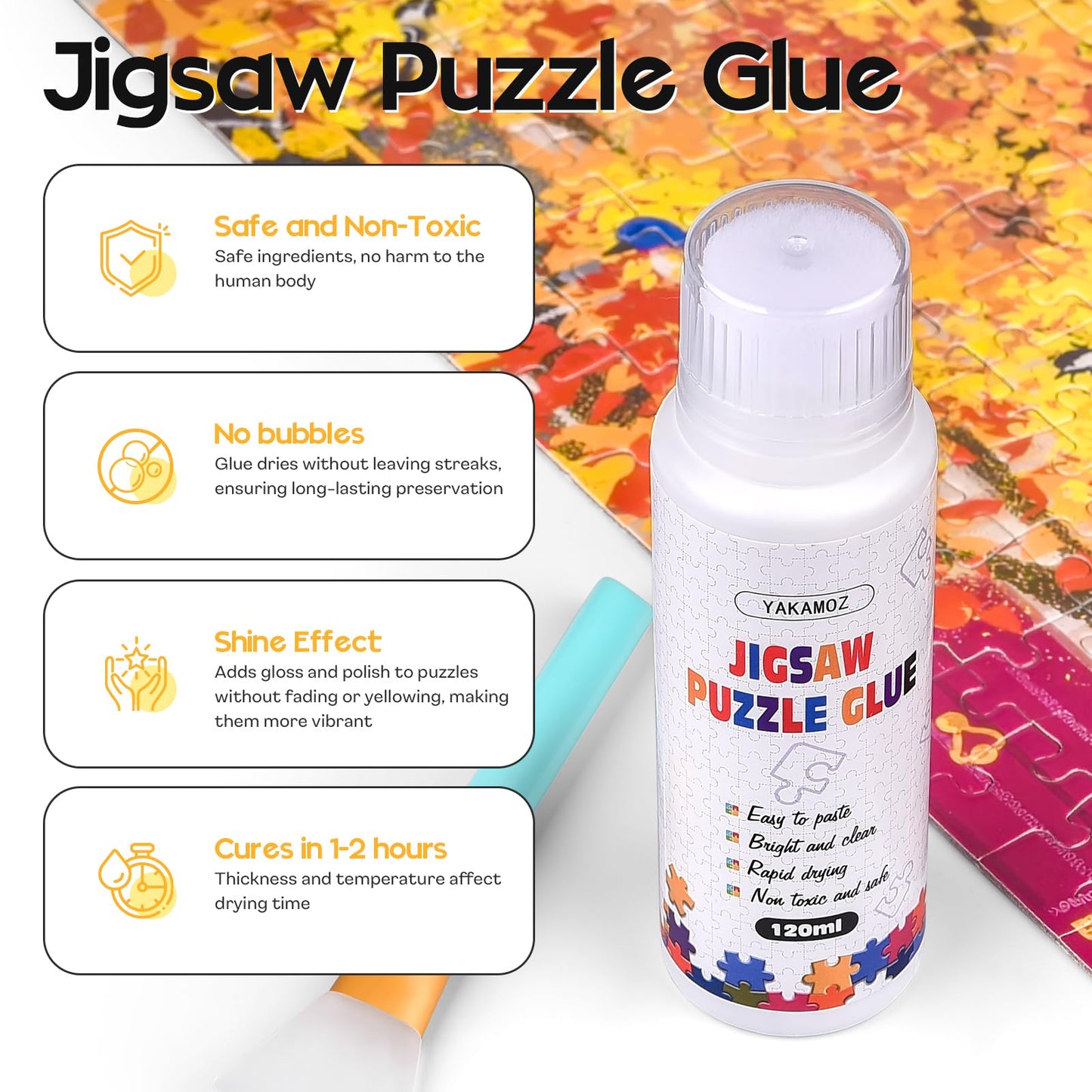 YAKAMOZ Jigsaw Puzzle Glue with Sponge Head – Clear Water-Soluble Quick-Dry Glue 240ml for 1000/1500/3000 Piece Puzzles