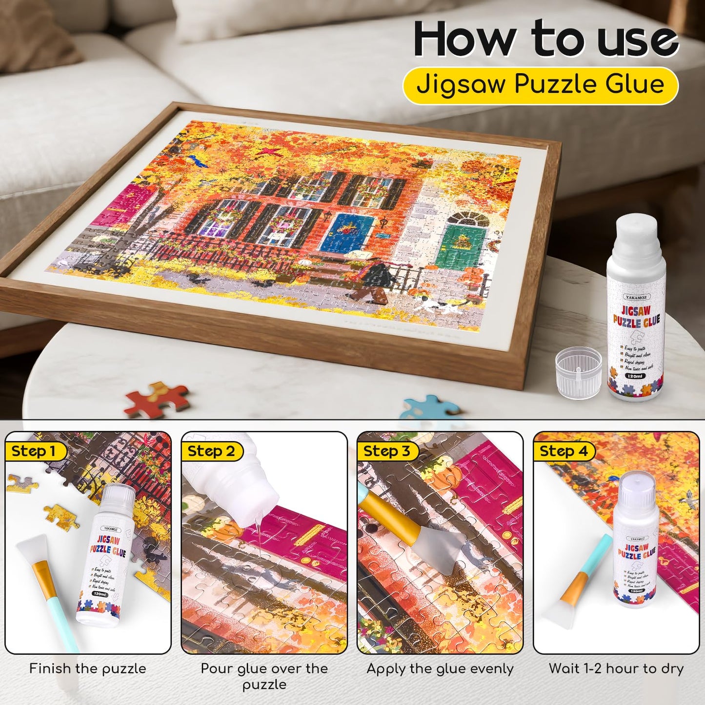 YAKAMOZ Jigsaw Puzzle Glue with Sponge Head – Clear Water-Soluble Quick-Dry Glue 240ml for 1000/1500/3000 Piece Puzzles