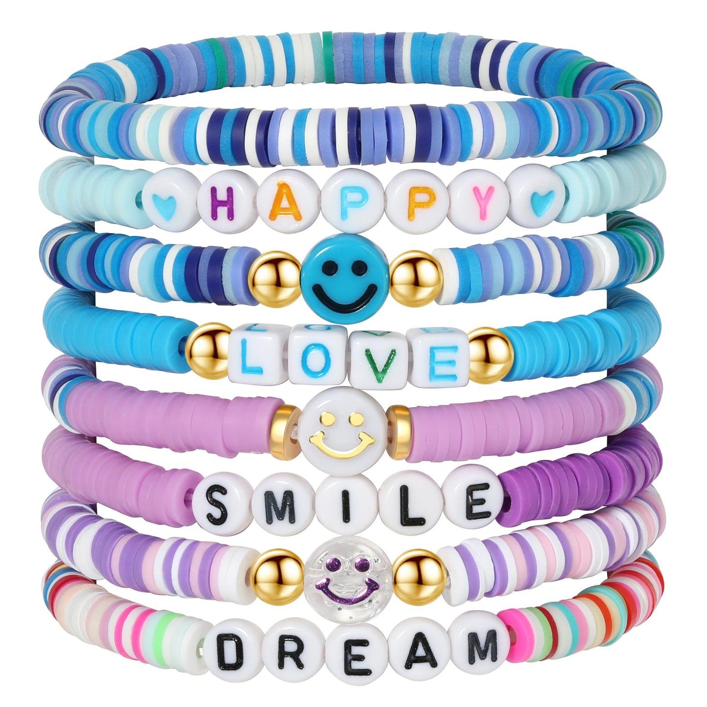 YALASOBA Colorful Smile Heart Star Bracelets Set – Purple | 8-Piece Y2K Kidcore Polymer Clay Beaded Jewelry