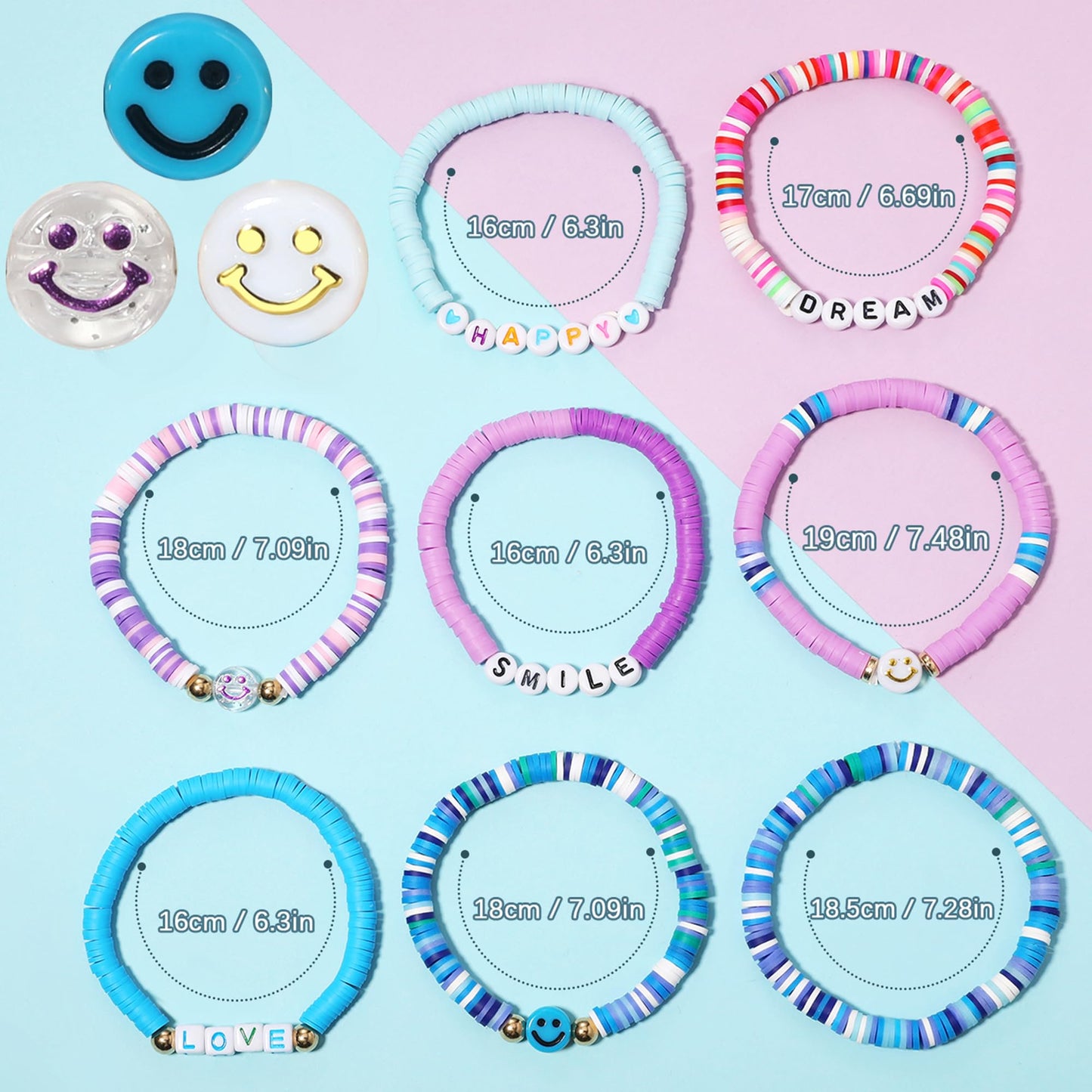 YALASOBA Colorful Smile Heart Star Bracelets Set – Purple | 8-Piece Y2K Kidcore Polymer Clay Beaded Jewelry