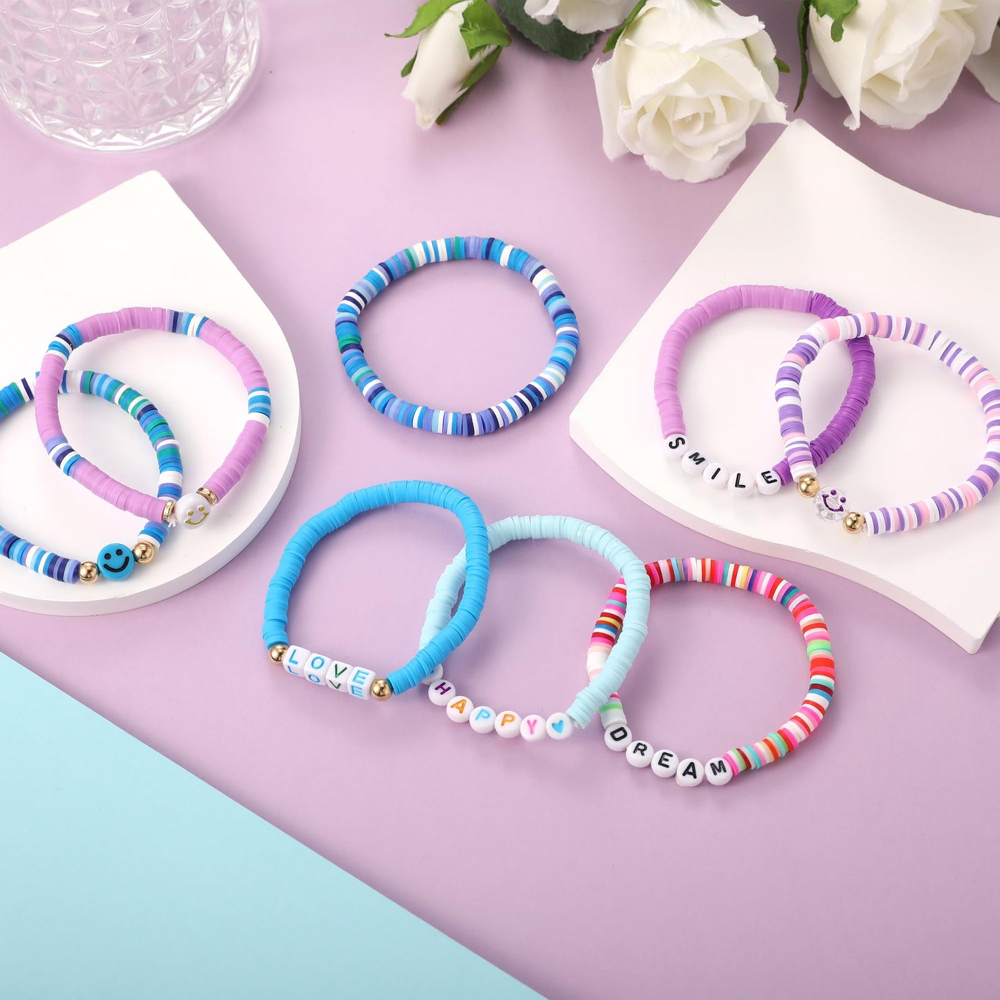 YALASOBA Colorful Smile Heart Star Bracelets Set – Purple | 8-Piece Y2K Kidcore Polymer Clay Beaded Jewelry