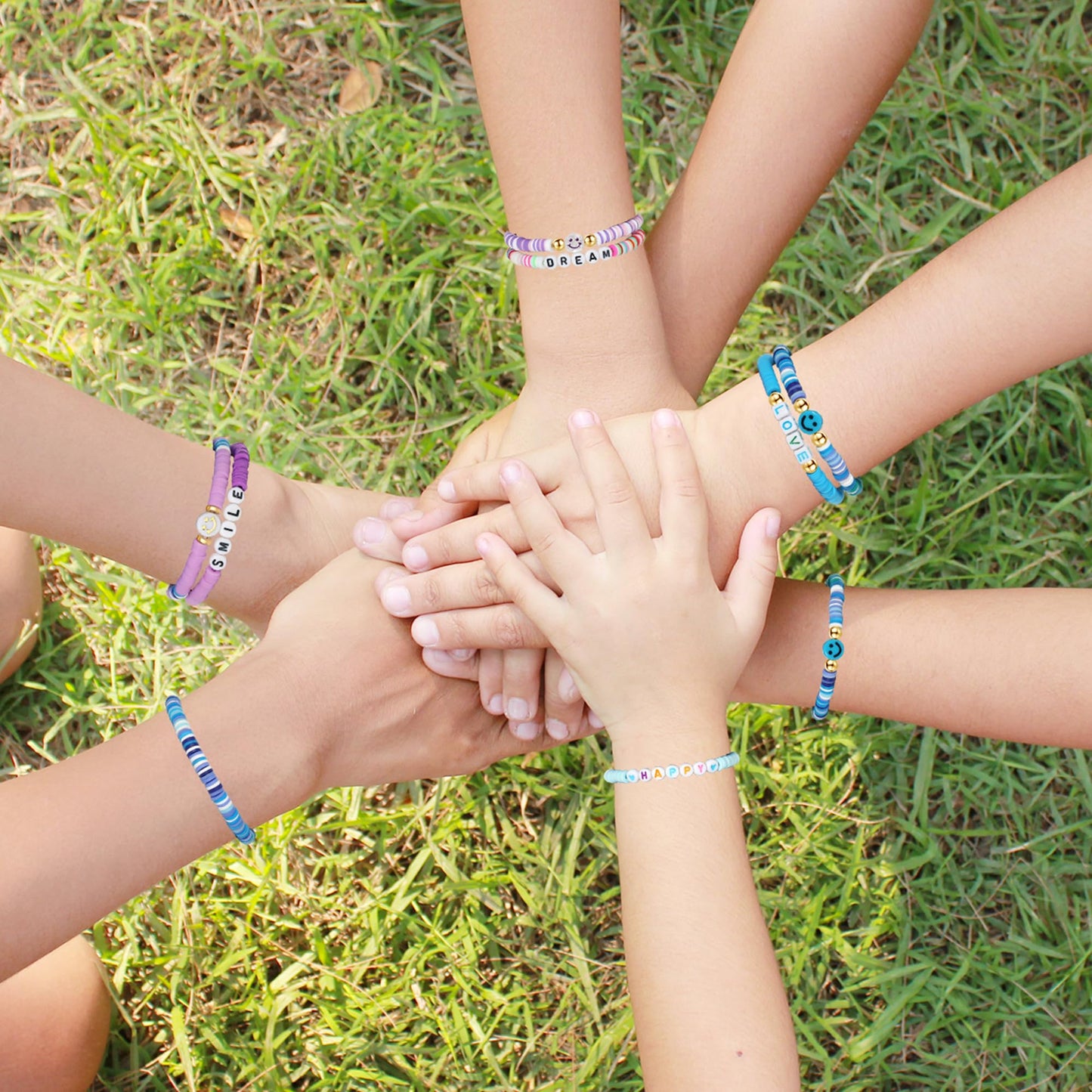 YALASOBA Colorful Smile Heart Star Bracelets Set – Purple | 8-Piece Y2K Kidcore Polymer Clay Beaded Jewelry