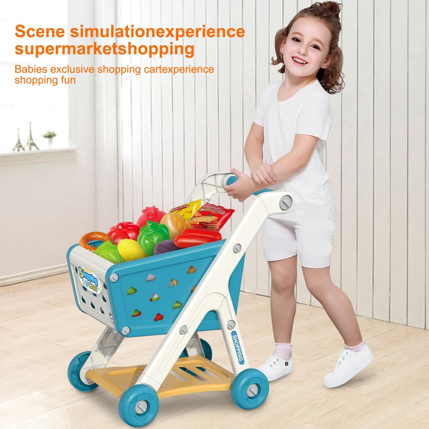 Yalujumb Kids Shopping Cart Play Set | Pretend Cash Register & Food Accessories for 3+