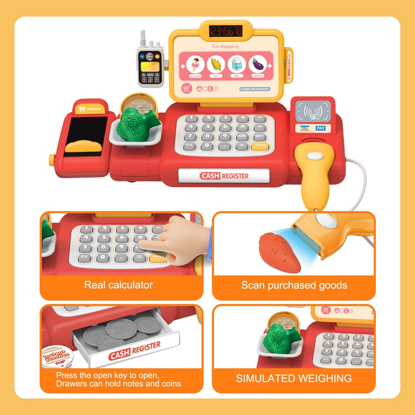 Yalujumb Kids Shopping Cart Play Set | Pretend Cash Register & Food Accessories for 3+