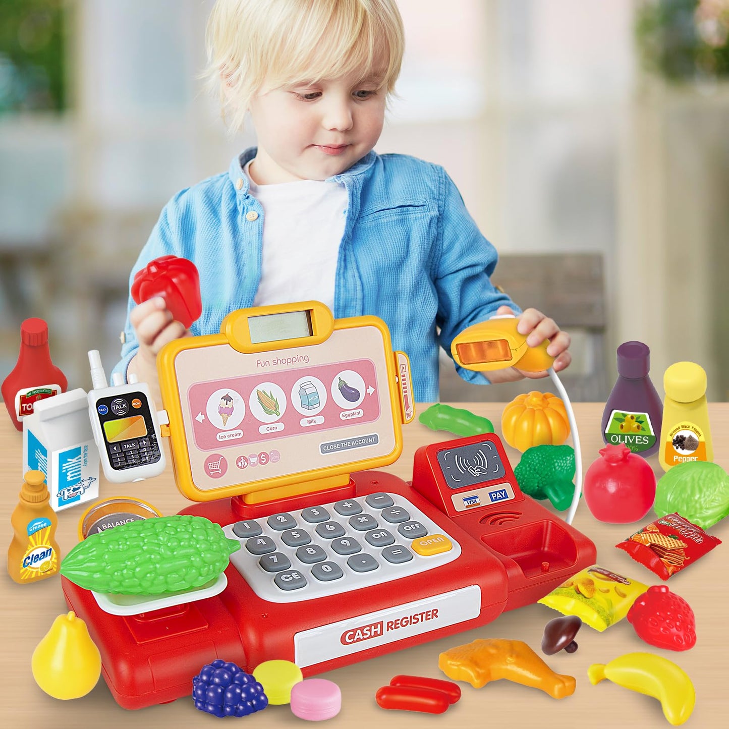 Yalujumb Kids Shopping Cart Play Set | Pretend Cash Register & Food Accessories for 3+