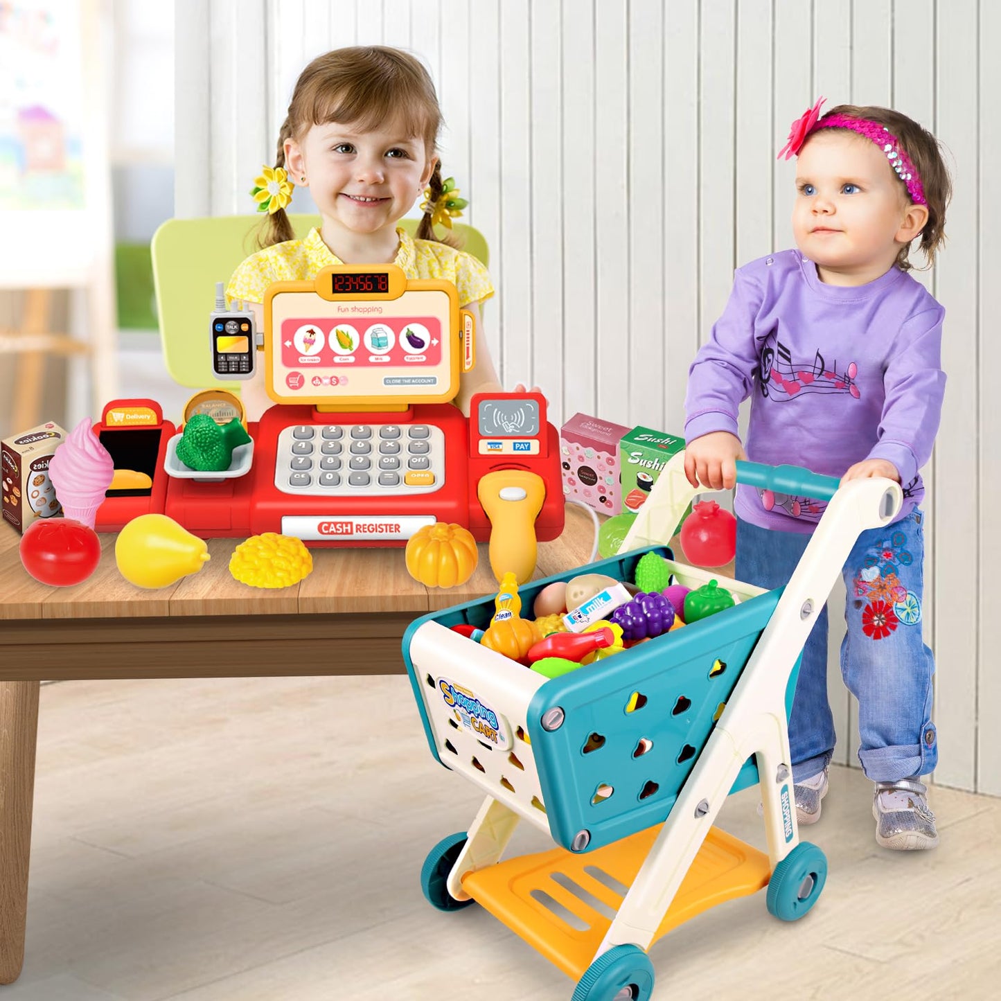 Yalujumb Kids Shopping Cart Play Set | Pretend Cash Register & Food Accessories for 3+