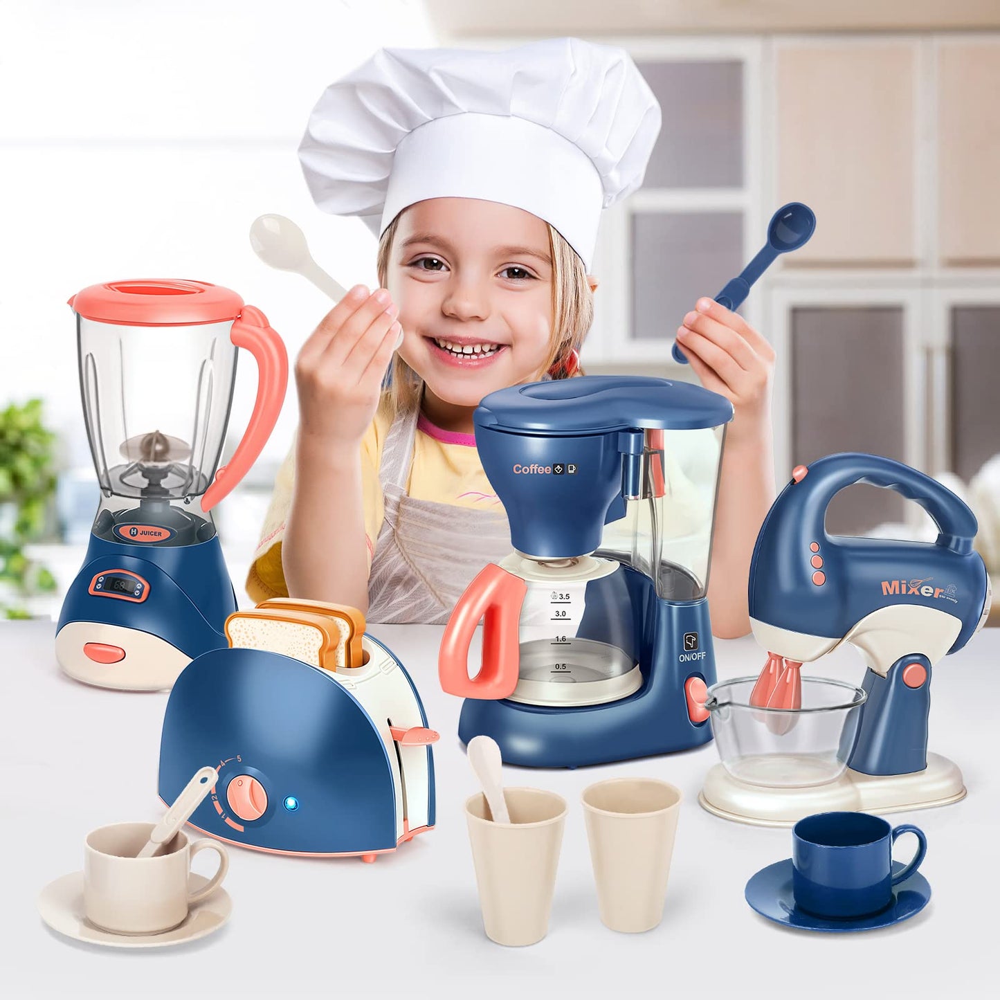 Yalujumb Pretend Play Kitchen Appliances Toy Set — Coffee Maker, Blender, Mixer & Toaster