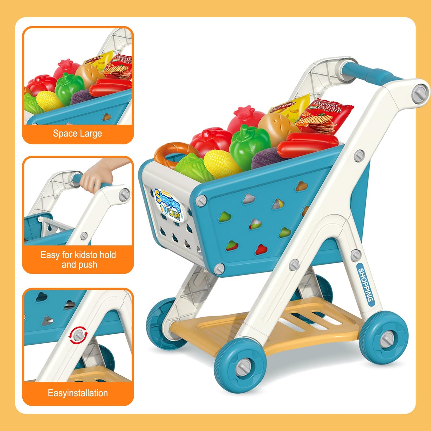 Yalujumb Kids Shopping Cart Play Set | Pretend Cash Register & Food Accessories for 3+