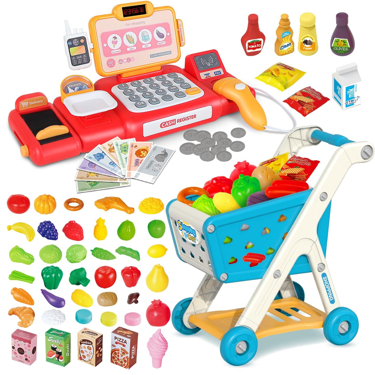 Yalujumb Kids Shopping Cart Play Set | Pretend Cash Register & Food Accessories for 3+