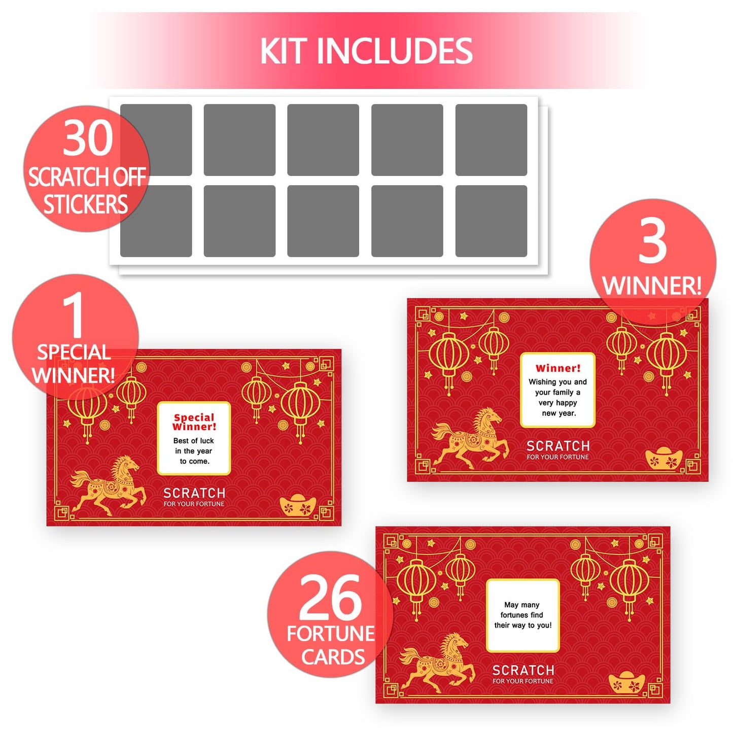 Yangmics Direct Chinese New Year 2026 Year of the Horse Scratch-Off Fortune Cards – 30 Count