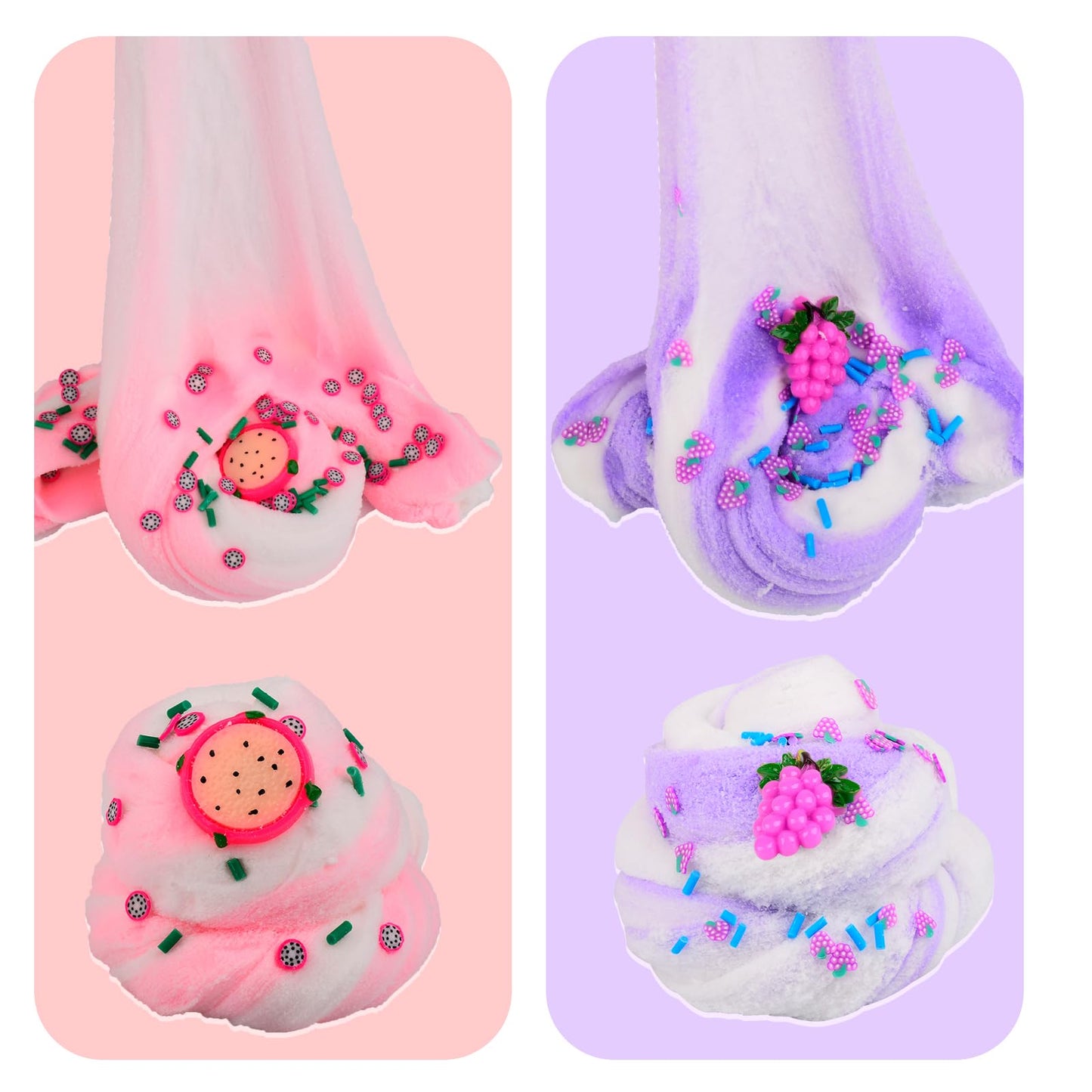 Yaobilei 2 Pack Cloud Slime Kit – Pink Pitaya & Purple Grape Slime with Charms
