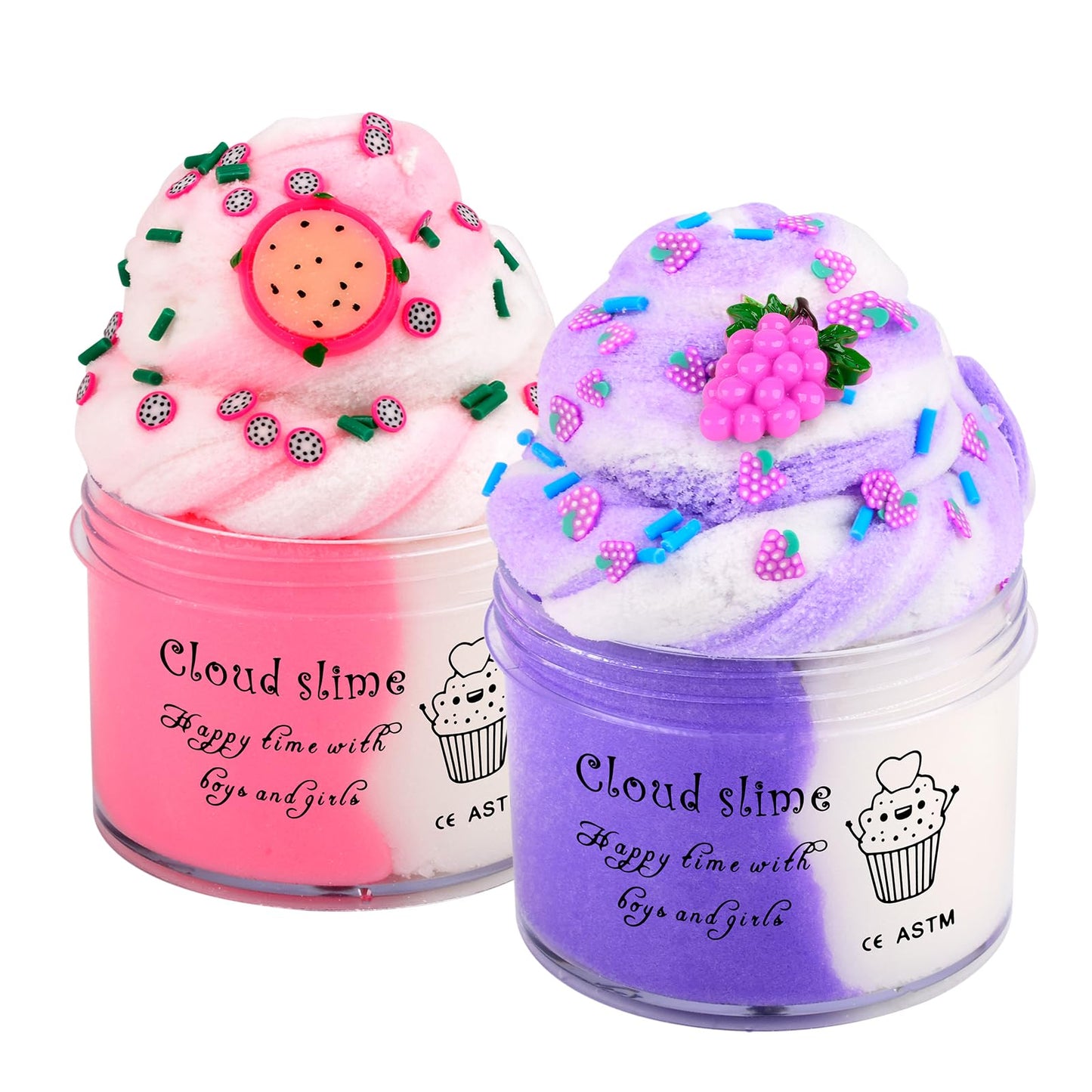 Yaobilei 2 Pack Cloud Slime Kit – Pink Pitaya & Purple Grape Slime with Charms