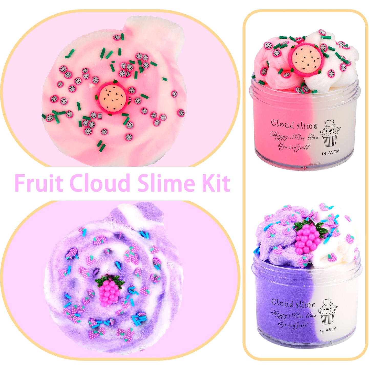 Yaobilei 2 Pack Cloud Slime Kit – Pink Pitaya & Purple Grape Slime with Charms