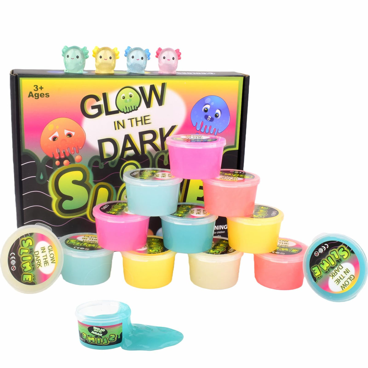 Yaobilei Glow in The Dark Slime Kit (12 Pack) with Axolotl Charms | Non-Toxic, Mess-Free Play