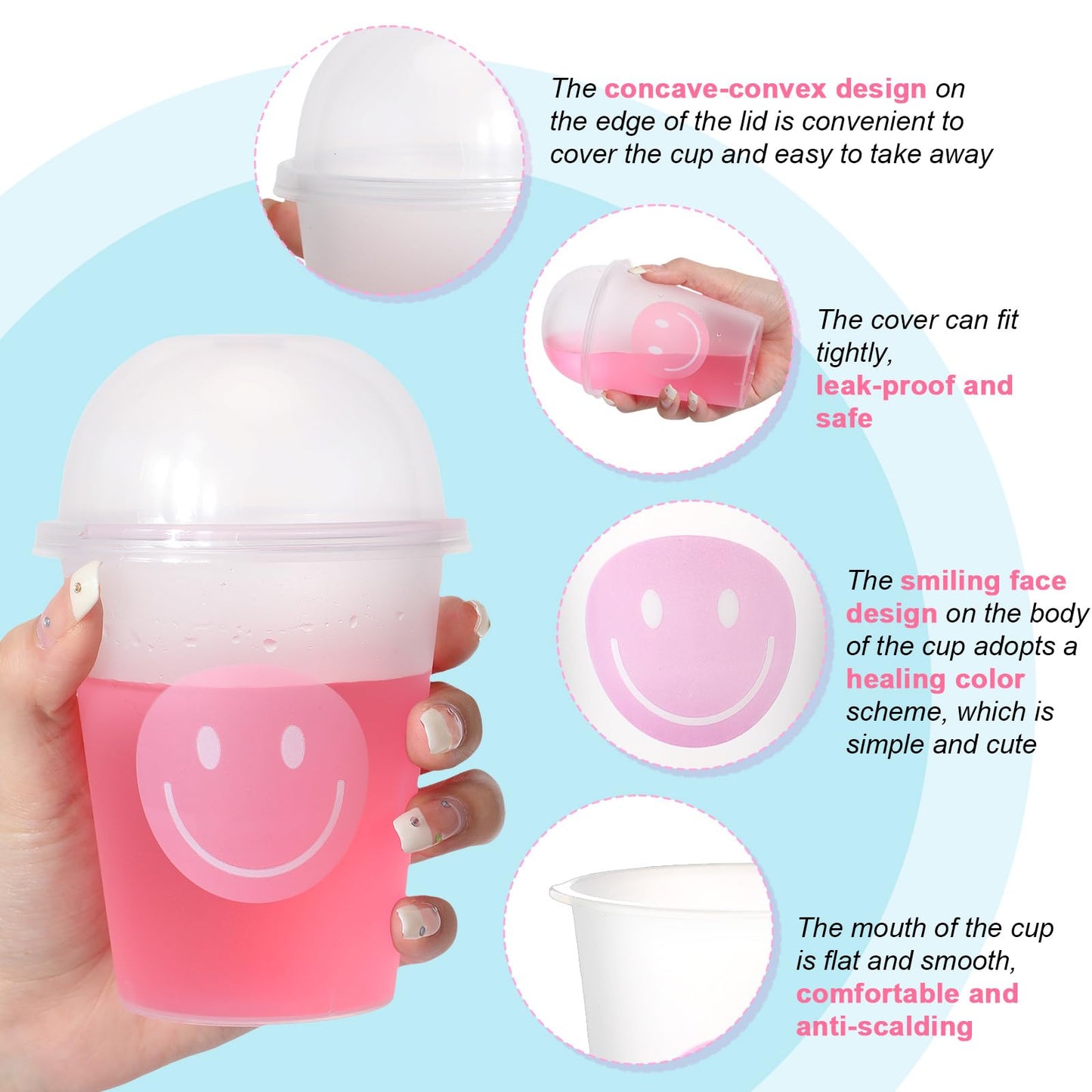 Yaomiao Smile Face Sipper Cups with Straws & Dome Lids – 12oz, 32 Pack