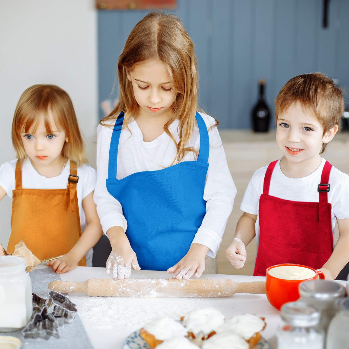 Yaomiao 4 Pack Kids Apron – Adjustable Chef Smock with Pocket (Ages 2–6) – Green, Orange, Red, Blue