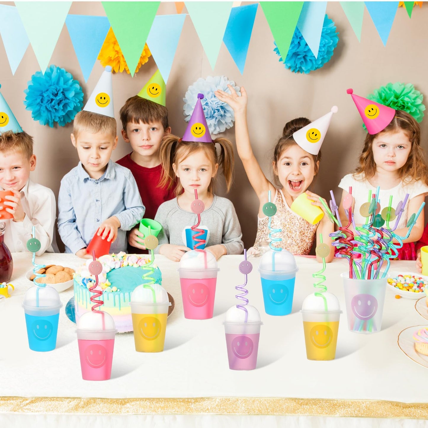 Yaomiao Smile Face Sipper Cups with Straws & Dome Lids – 12oz, 32 Pack