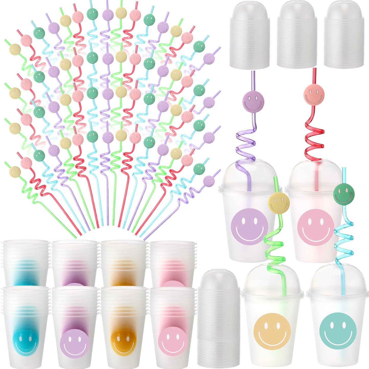 Yaomiao Smile Face Sipper Cups – 12 oz Clear Cups with Dome Lids, Straws, 64 Pack