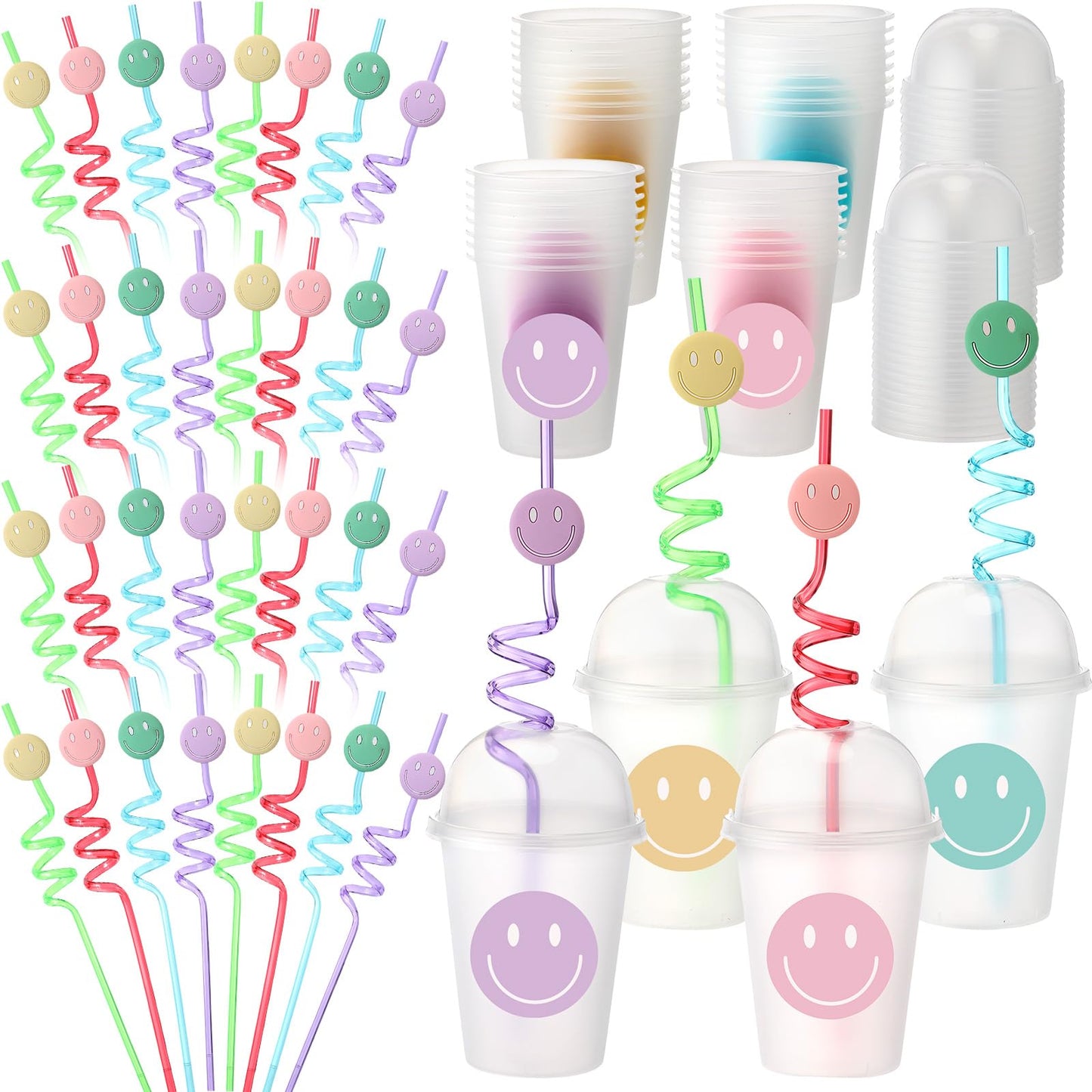 Yaomiao Smile Face Sipper Cups with Straws & Dome Lids – 12oz, 32 Pack
