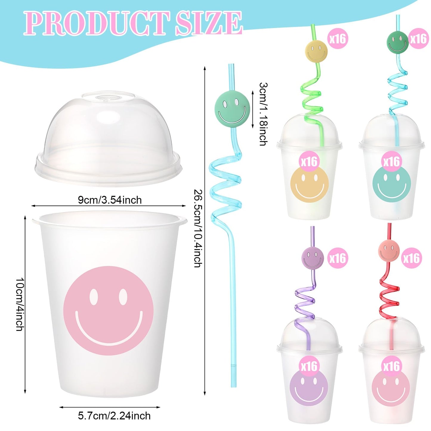 Yaomiao Smile Face Sipper Cups – 12 oz Clear Cups with Dome Lids, Straws, 64 Pack
