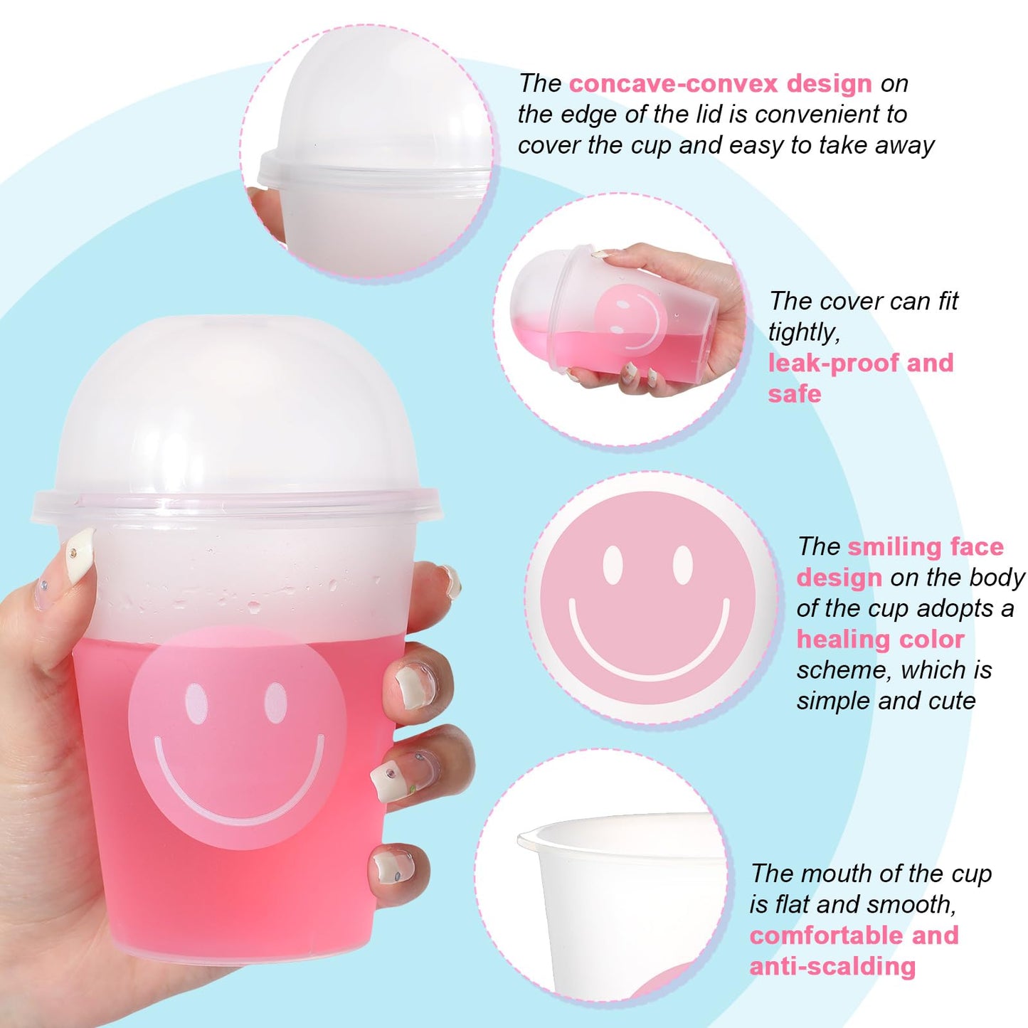 Yaomiao Smile Face Sipper Cups – 12 oz Clear Cups with Dome Lids, Straws, 64 Pack