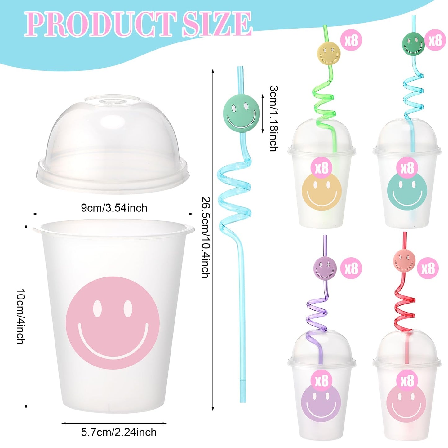 Yaomiao Smile Face Sipper Cups with Straws & Dome Lids – 12oz, 32 Pack