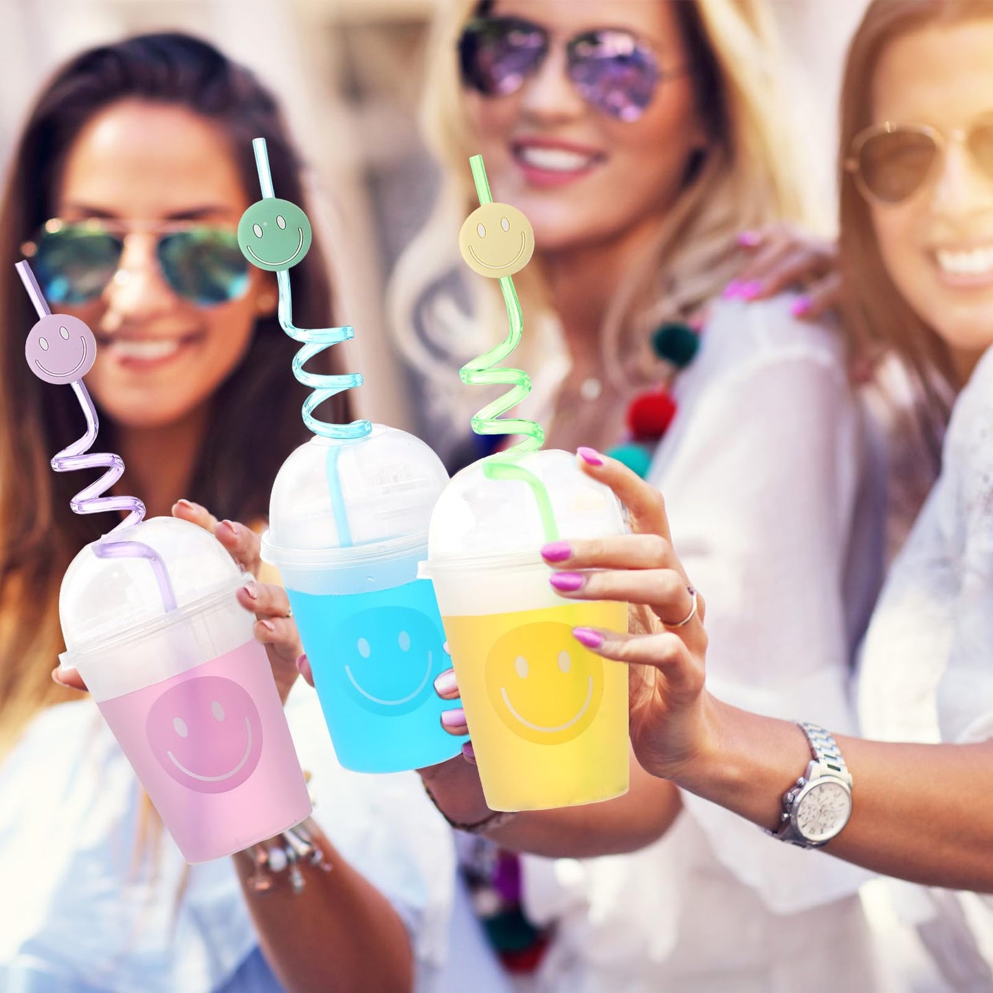 Yaomiao Smile Face Sipper Cups with Straws & Dome Lids – 12oz, 32 Pack