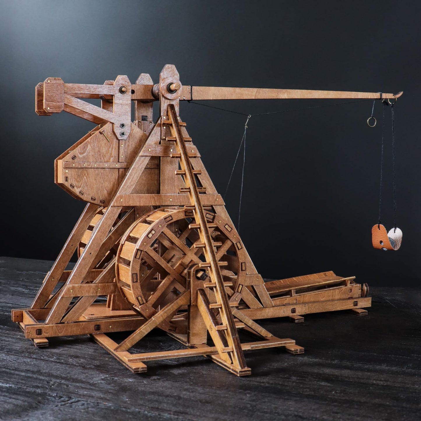 YAQUMW Mini Counterweight Trebuchet with Wheels – Medieval Wooden Mechanical Model Kit for STEM Desk Toy