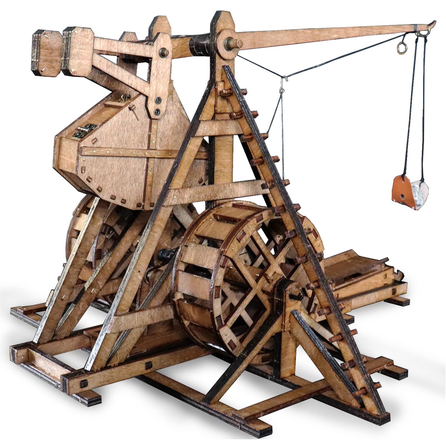 YAQUMW Mini Counterweight Trebuchet with Wheels – Medieval Wooden Mechanical Model Kit for STEM Desk Toy