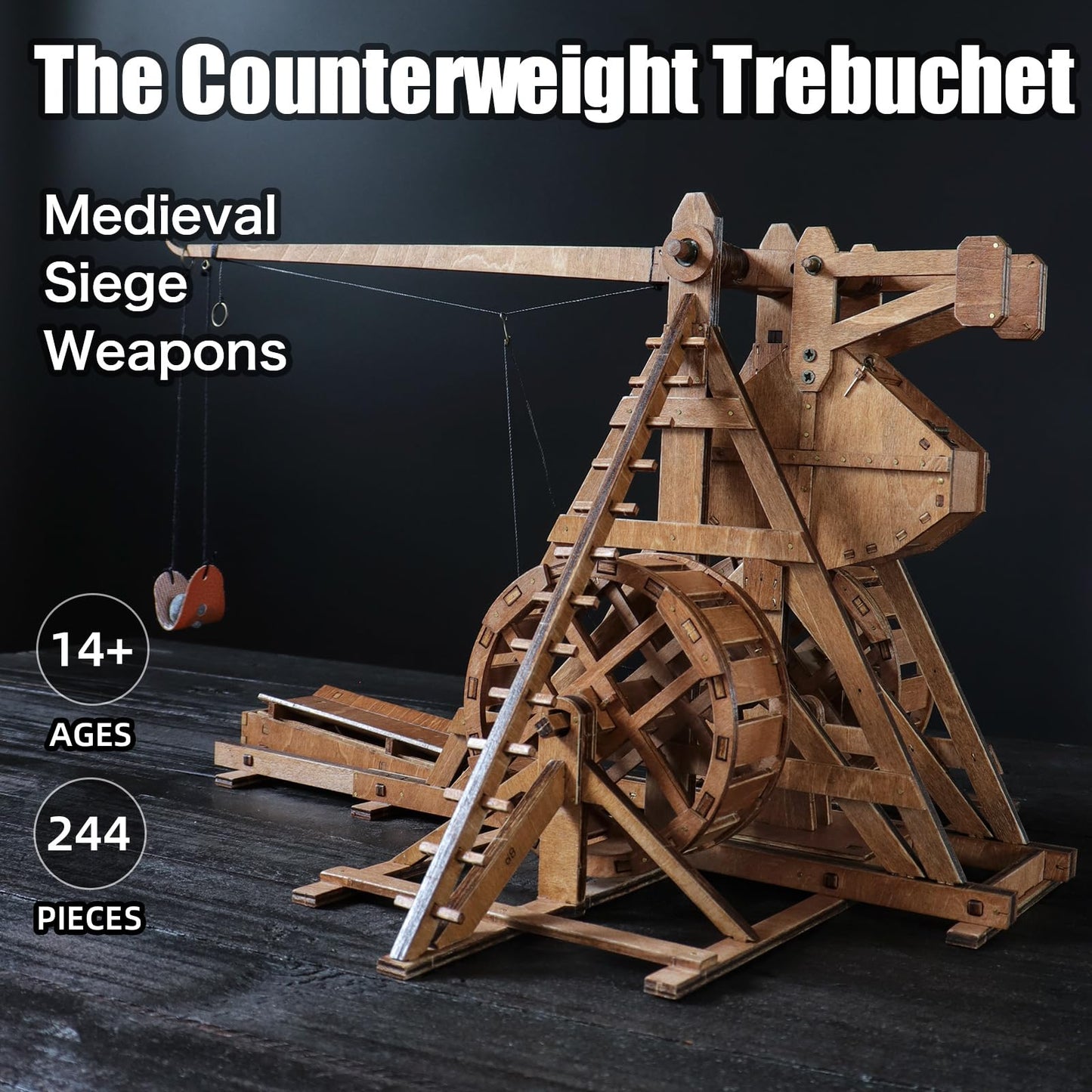 YAQUMW Mini Counterweight Trebuchet with Wheels – Medieval Wooden Mechanical Model Kit for STEM Desk Toy