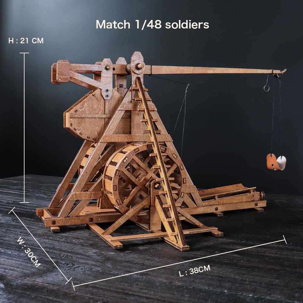 YAQUMW Mini Counterweight Trebuchet with Wheels – Medieval Wooden Mechanical Model Kit for STEM Desk Toy