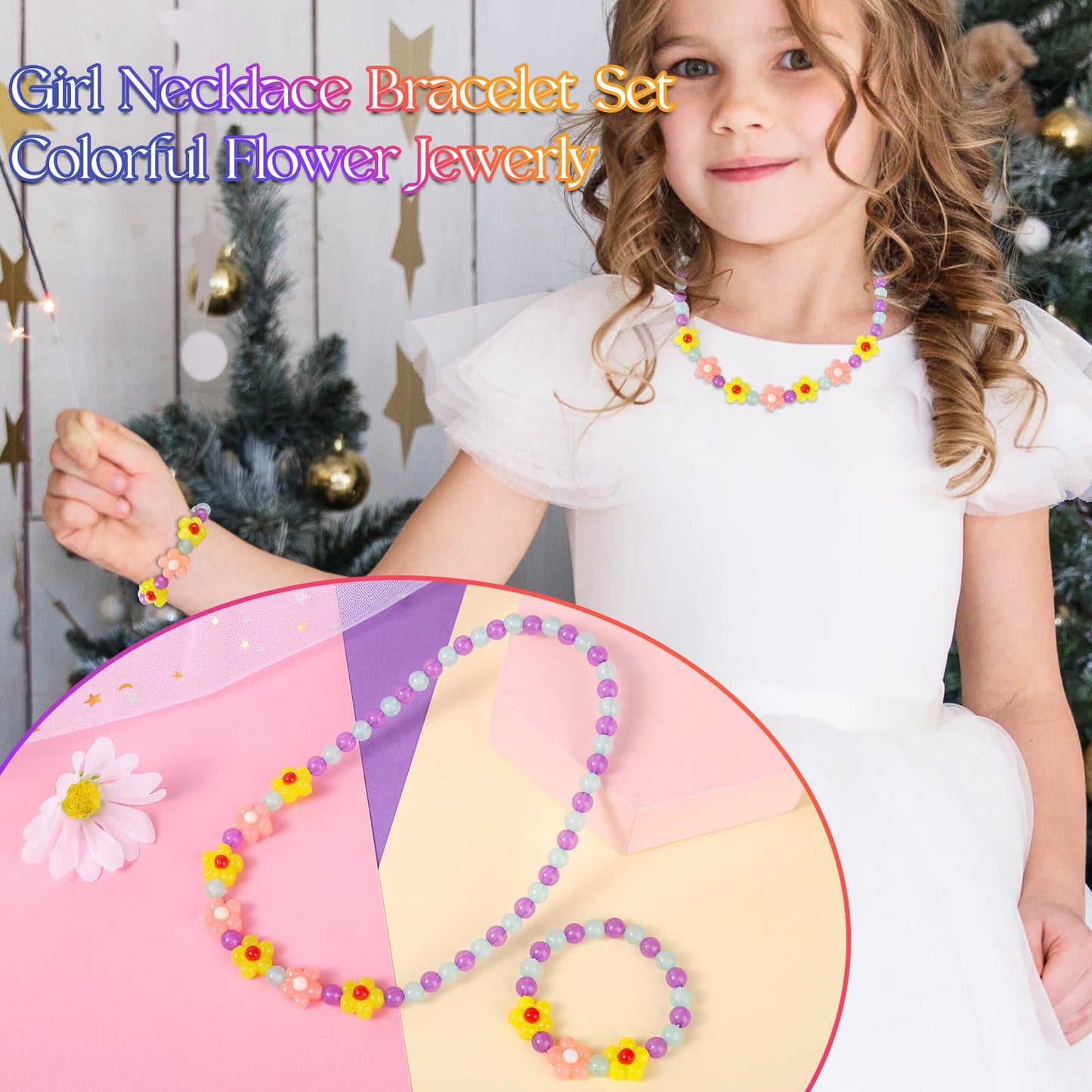 Yarkeuier Girls Jewelry Set – Flower Necklace & Bracelet for Toddlers (Yellow)