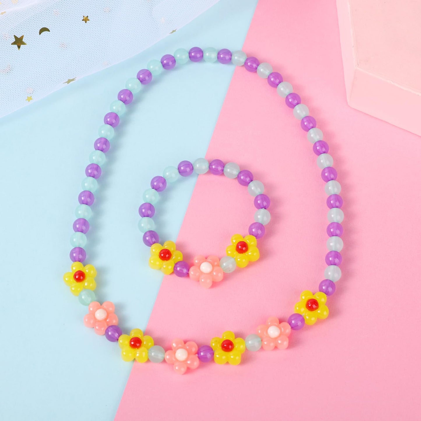 Yarkeuier Girls Jewelry Set – Flower Necklace & Bracelet for Toddlers (Yellow)