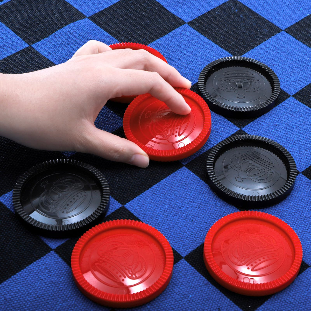 Yarlung Giant Checkers Set — 3-in-1 Tic Tac Toe on Blue Reversible Rug (2 Players)