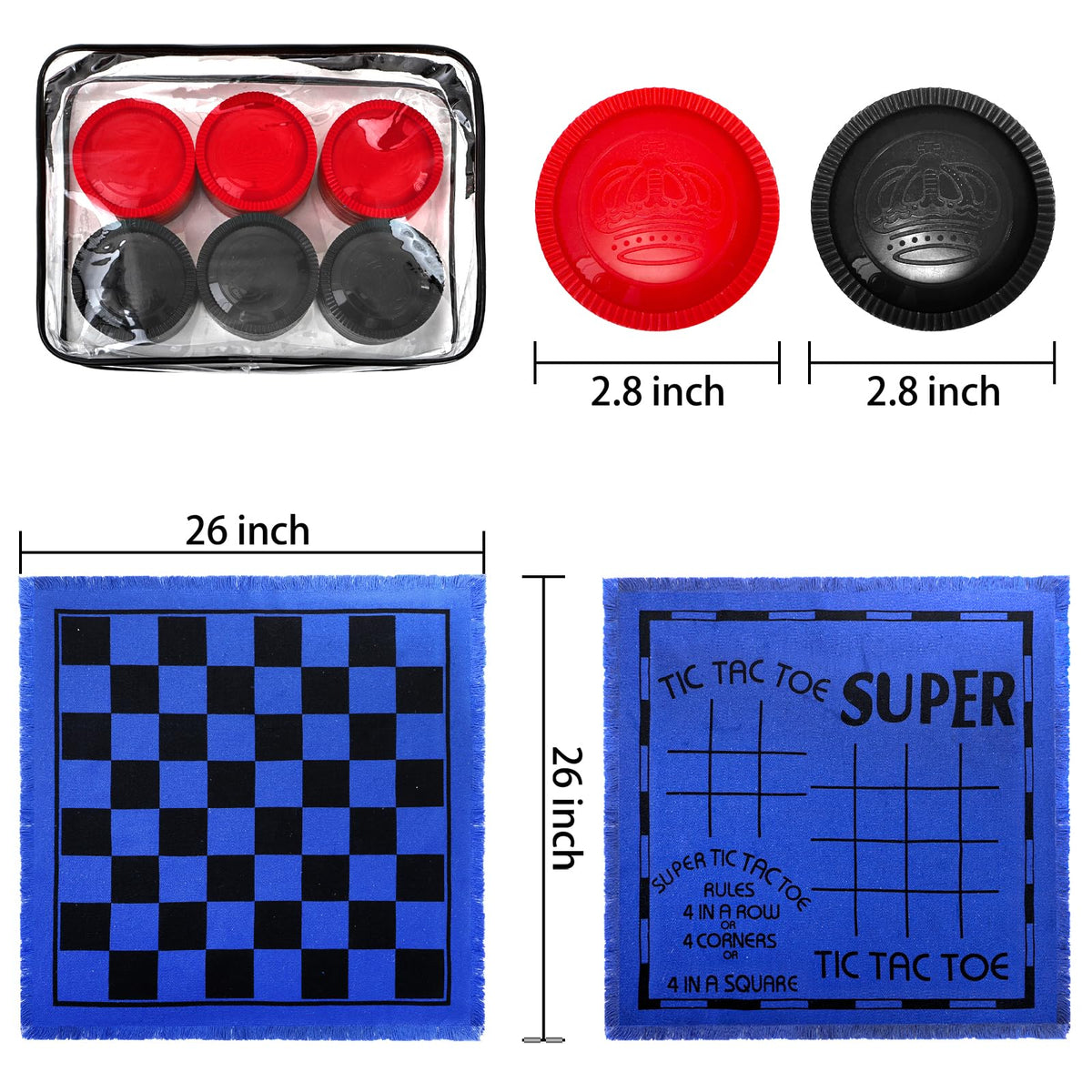 Yarlung Giant Checkers Set — 3-in-1 Tic Tac Toe on Blue Reversible Rug (2 Players)