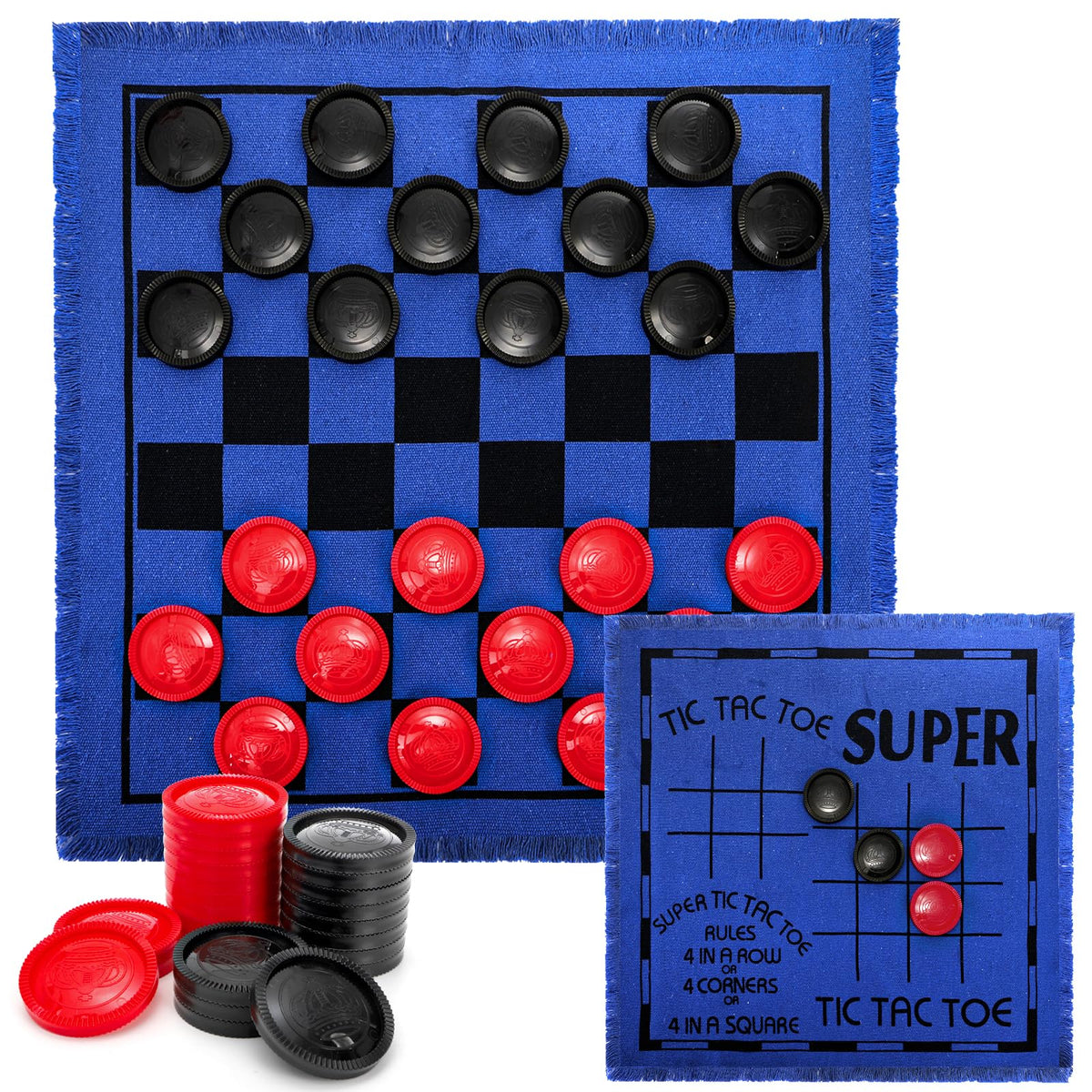 Yarlung Giant Checkers Set — 3-in-1 Tic Tac Toe on Blue Reversible Rug (2 Players)