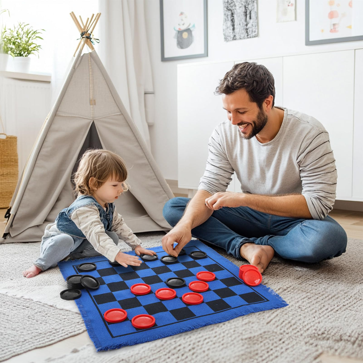 Yarlung Giant Checkers Set — 3-in-1 Tic Tac Toe on Blue Reversible Rug (2 Players)