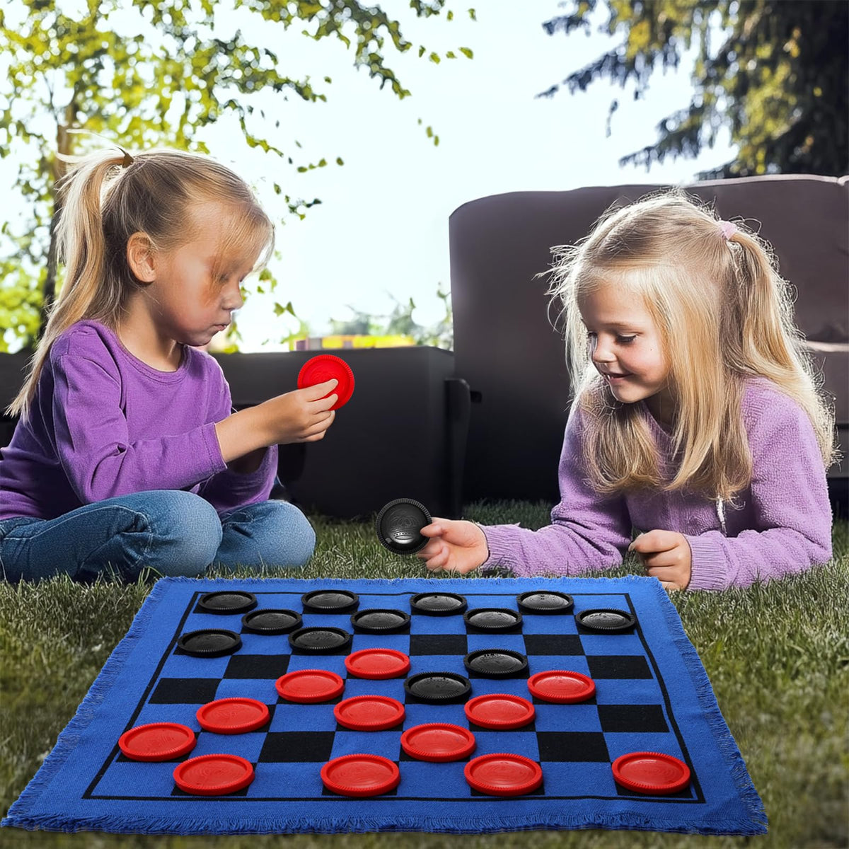 Yarlung Giant Checkers Set — 3-in-1 Tic Tac Toe on Blue Reversible Rug (2 Players)