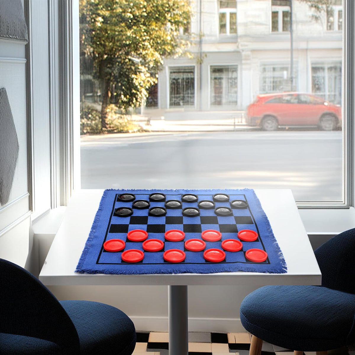 Yarlung Giant Checkers Set — 3-in-1 Tic Tac Toe on Blue Reversible Rug (2 Players)