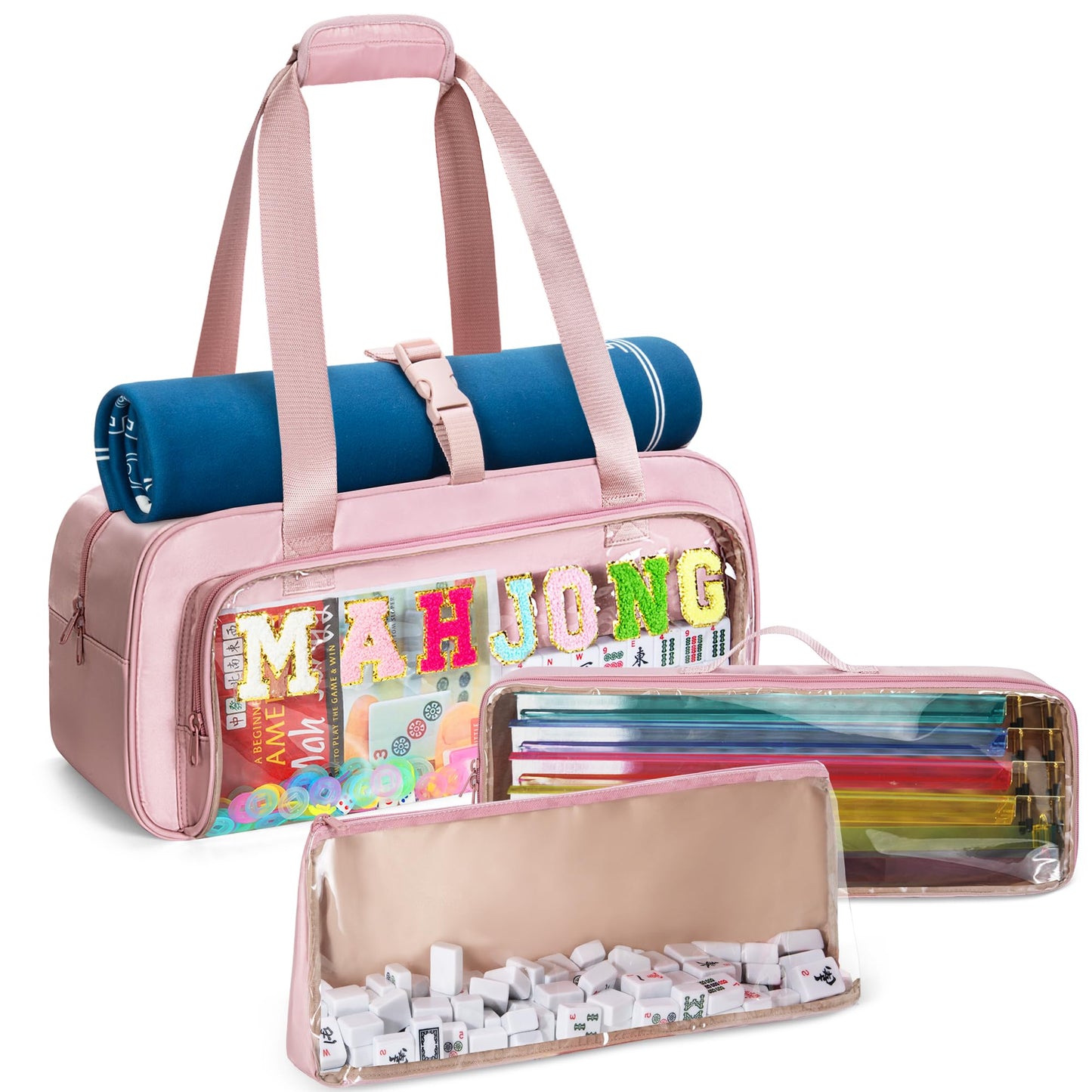 Yarwo 3-Piece Mahjong Bag Set – Clear Tile Bags, Adjustable Mat Buckle, Pink Case (Case Only)