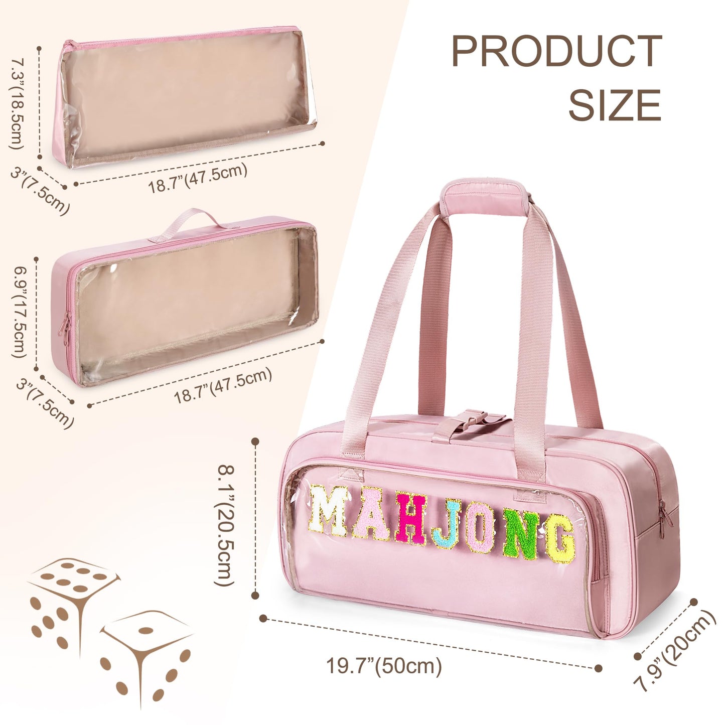 Yarwo 3-Piece Mahjong Bag Set – Clear Tile Bags, Adjustable Mat Buckle, Pink Case (Case Only)