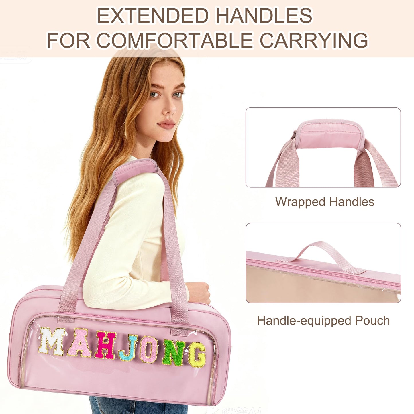 Yarwo 3-Piece Mahjong Bag Set – Clear Tile Bags, Adjustable Mat Buckle, Pink Case (Case Only)