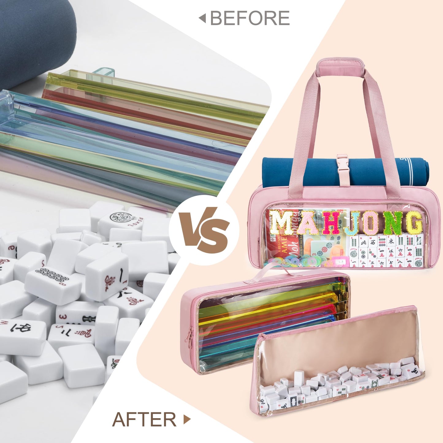 Yarwo 3-Piece Mahjong Bag Set – Clear Tile Bags, Adjustable Mat Buckle, Pink Case (Case Only)