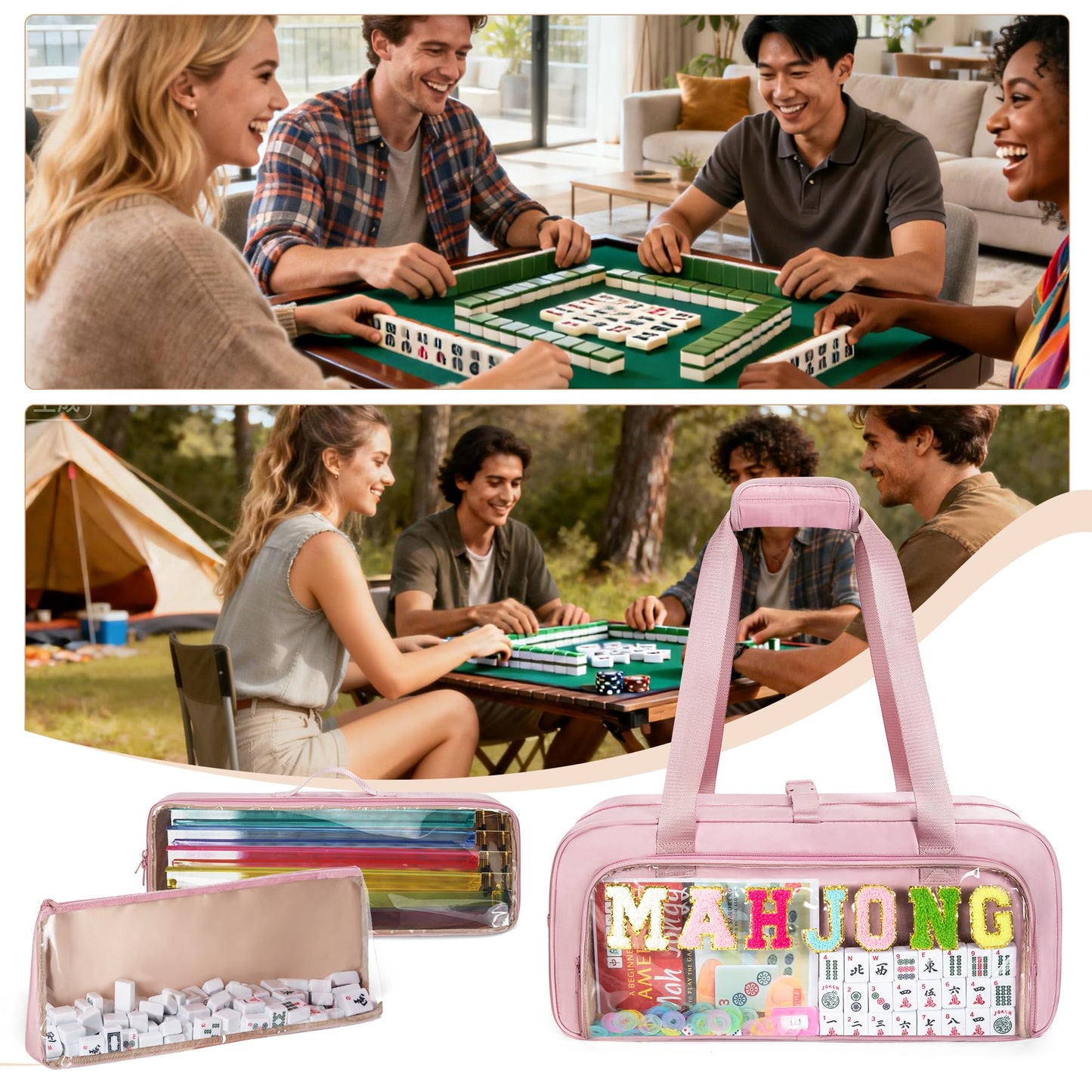 Yarwo 3-Piece Mahjong Bag Set – Clear Tile Bags, Adjustable Mat Buckle, Pink Case (Case Only)